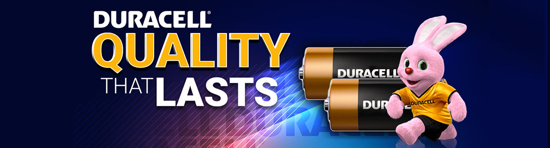 photo of a pink bunny running next to duracell batteries saying duracell quality that lasts
